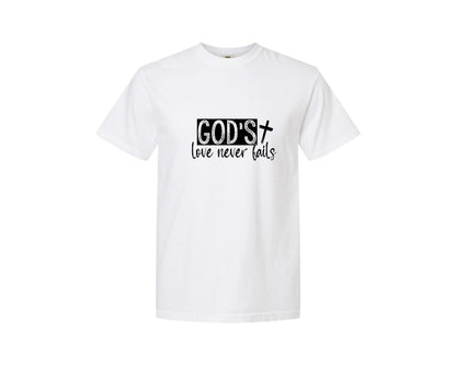 brand:Comfort Colors|color:White|Gods Love Never Fails Sleeve Design 2 Graphic T-Shirt