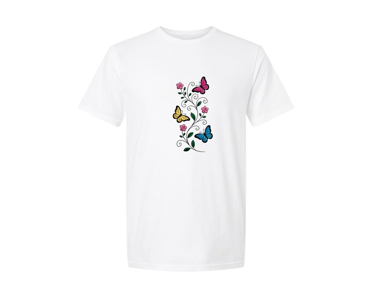 brand:Generic|color:White|Butterflies And Flowers Embroidery Graphic T-Shirt