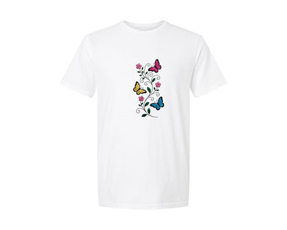 brand:Generic|color:White|Butterflies And Flowers Embroidery Graphic T-Shirt