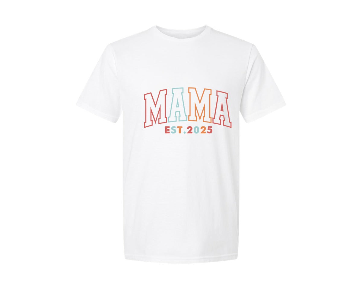 brand:Generic|color:White|Mama Est 2025 Colorful New Mom Graphic T-Shirt