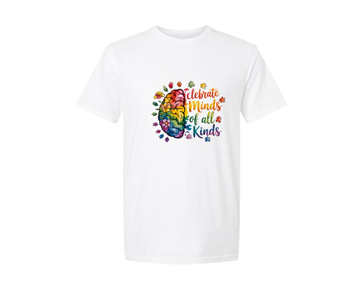 brand:Generic|color:White|Autism Awareness Celebrate Minds Graphic T-Shirt