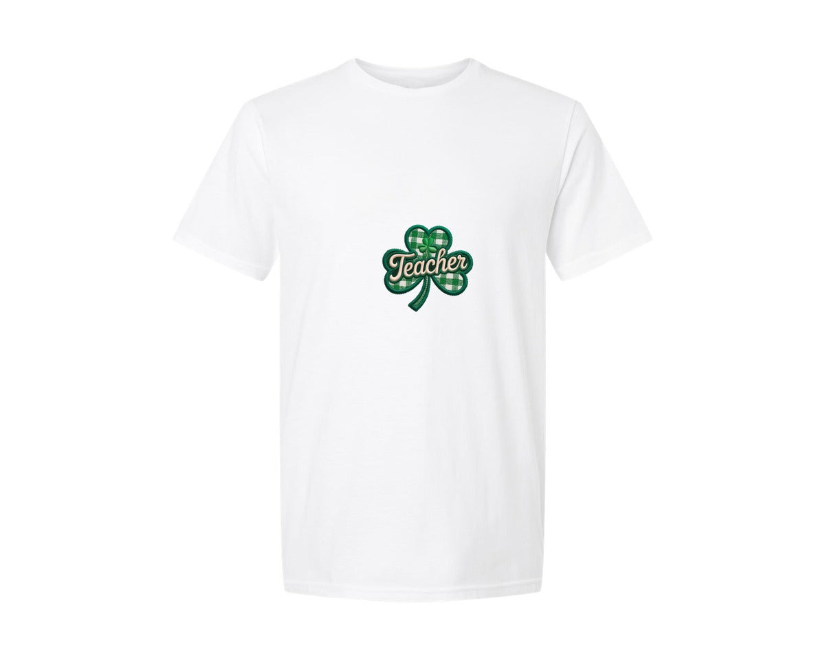 brand:Generic|color:White|St Patricks Day Teacher Faux Yarn Graphic T-Shirt