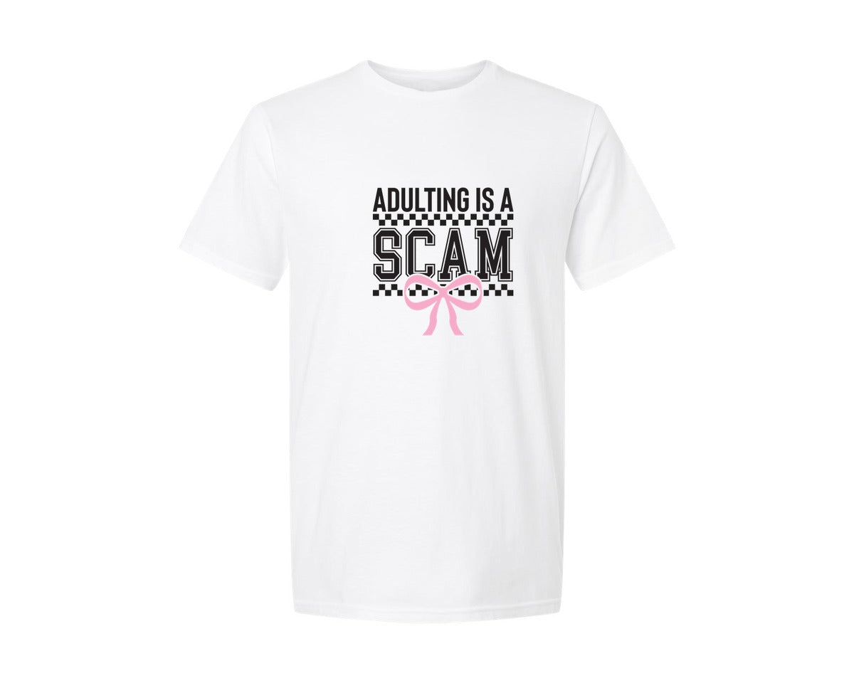 brand:Generic|color:White|Adulting Is A Scam Sarcastic 3 Graphic T-Shirt