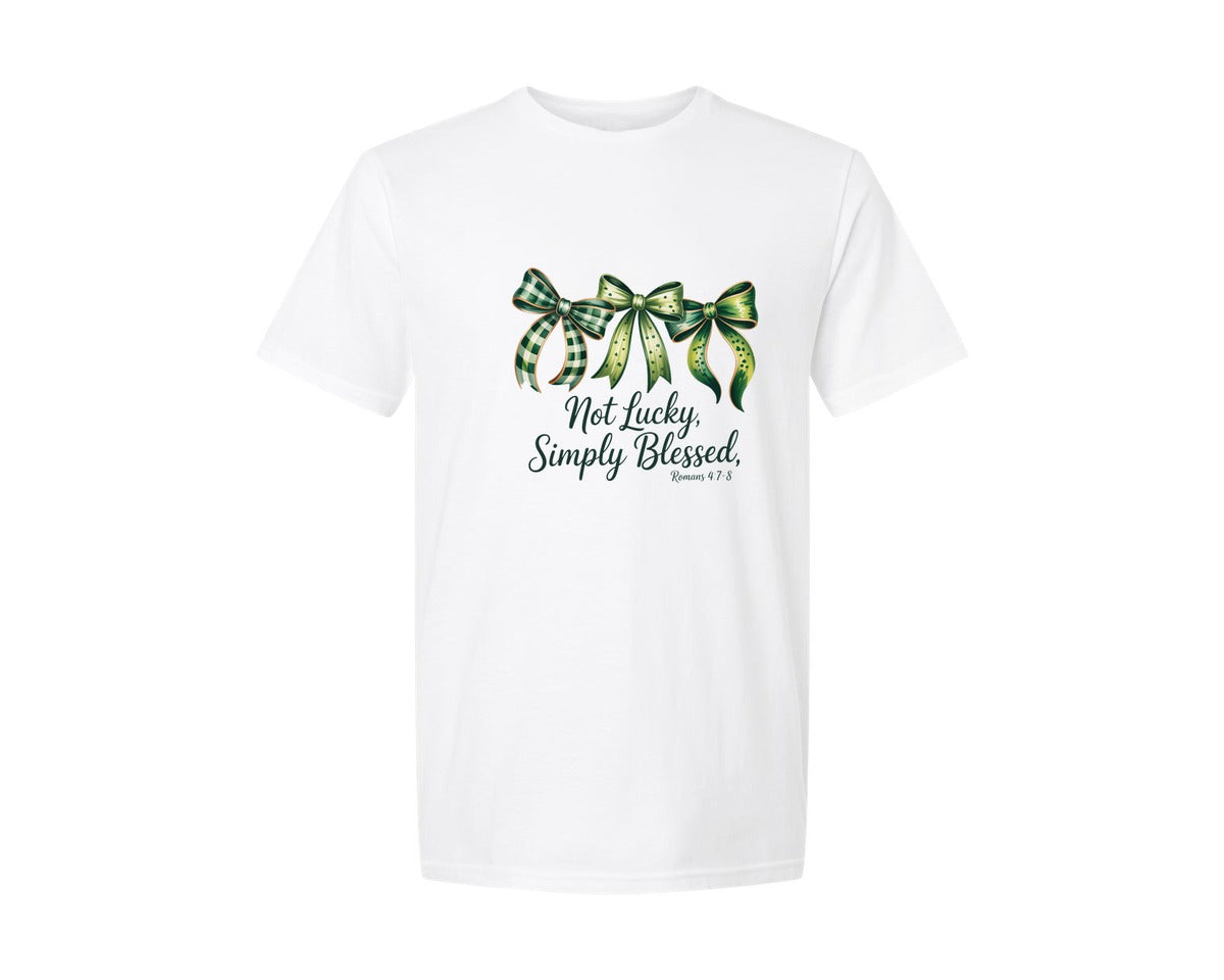 brand:Generic|color:White|Not Lucky Simply Blessed Lucky Bow 2 Graphic T-Shirt