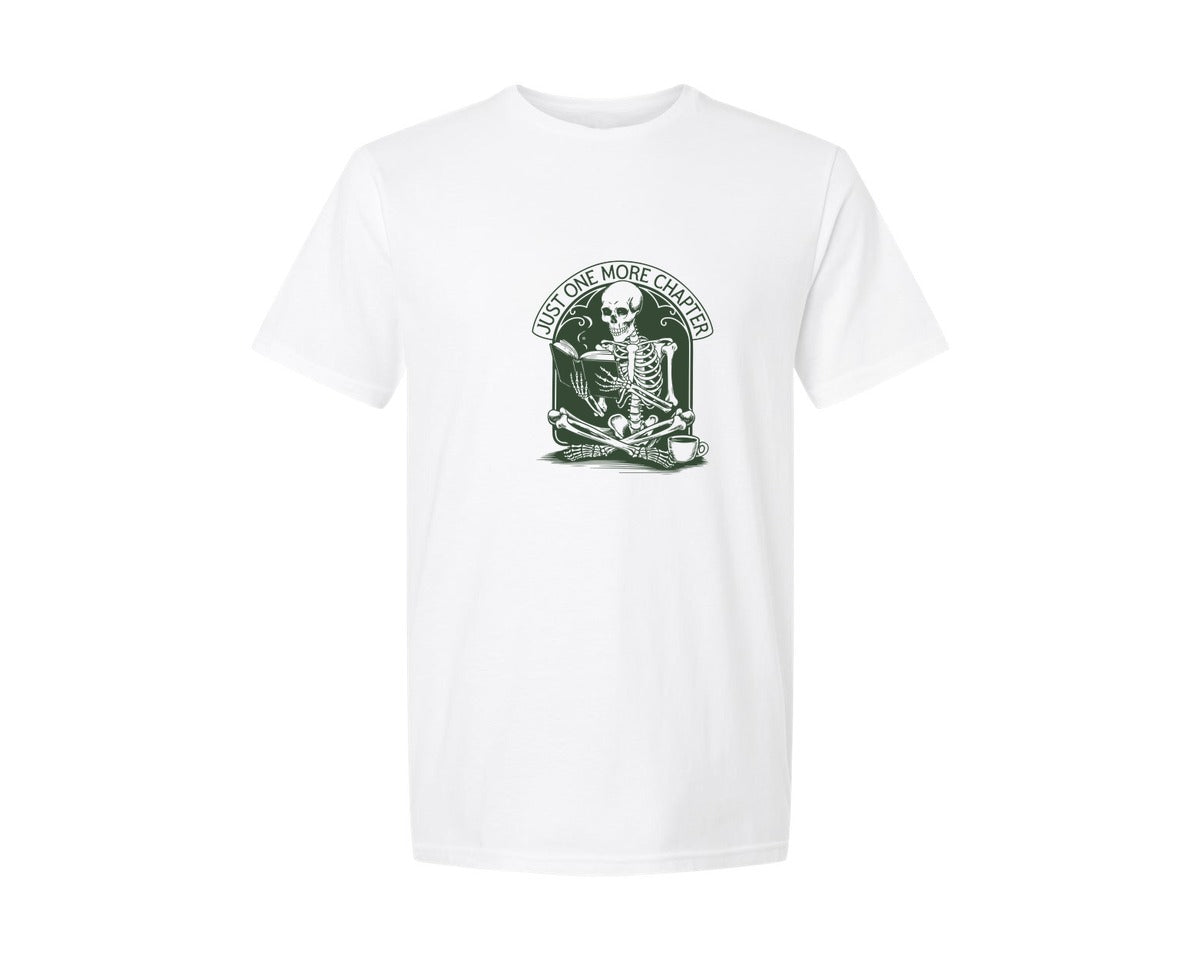 brand:Generic|color:White|Just One More Chapter Skeleton Coffee 2 Graphic T-Shirt