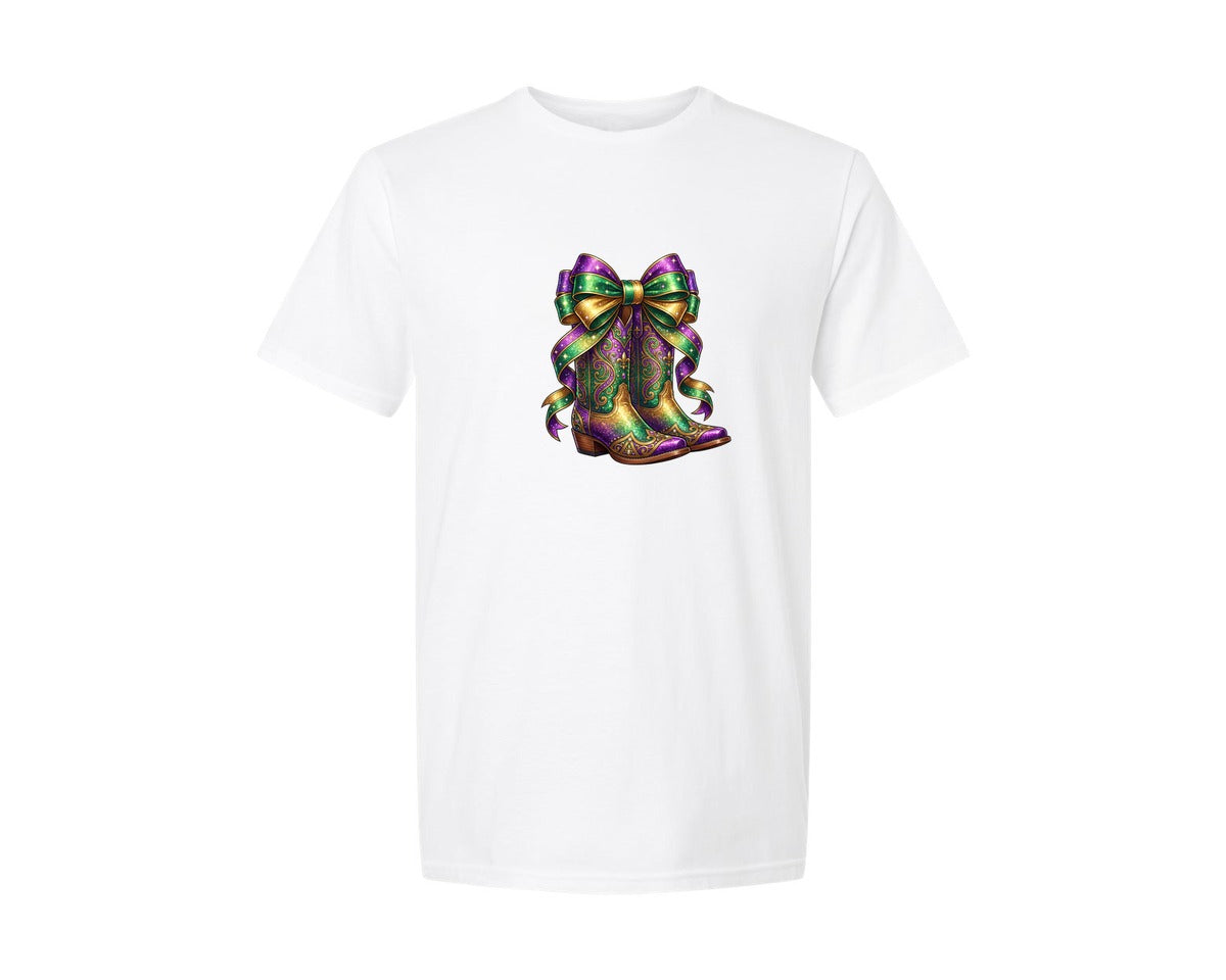 brand:Generic|color:White|Mardi Gras Cowboy Boots Graphic T-Shirt