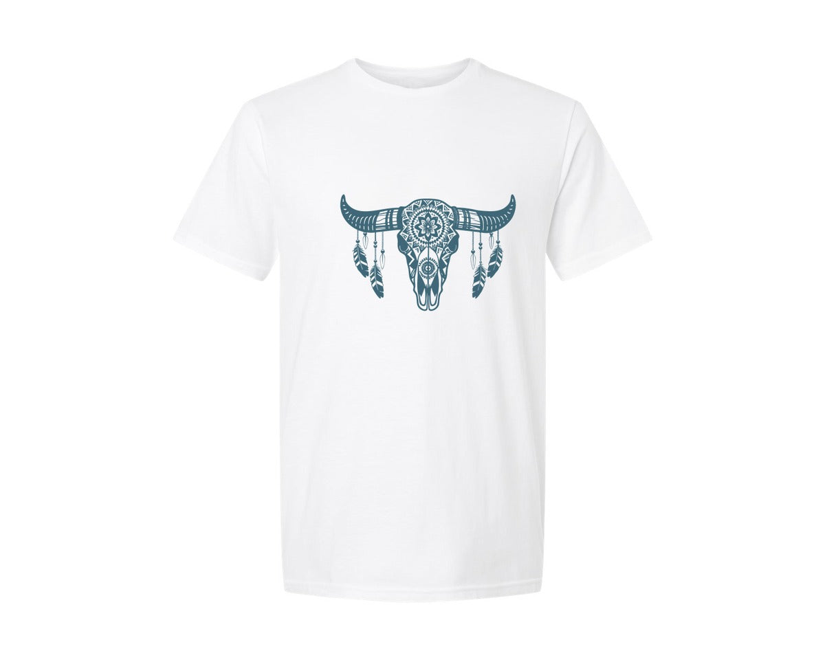 brand:Generic|color:White|Western Bull Skull Aztec Boho Longhorn Graphic T-Shirt