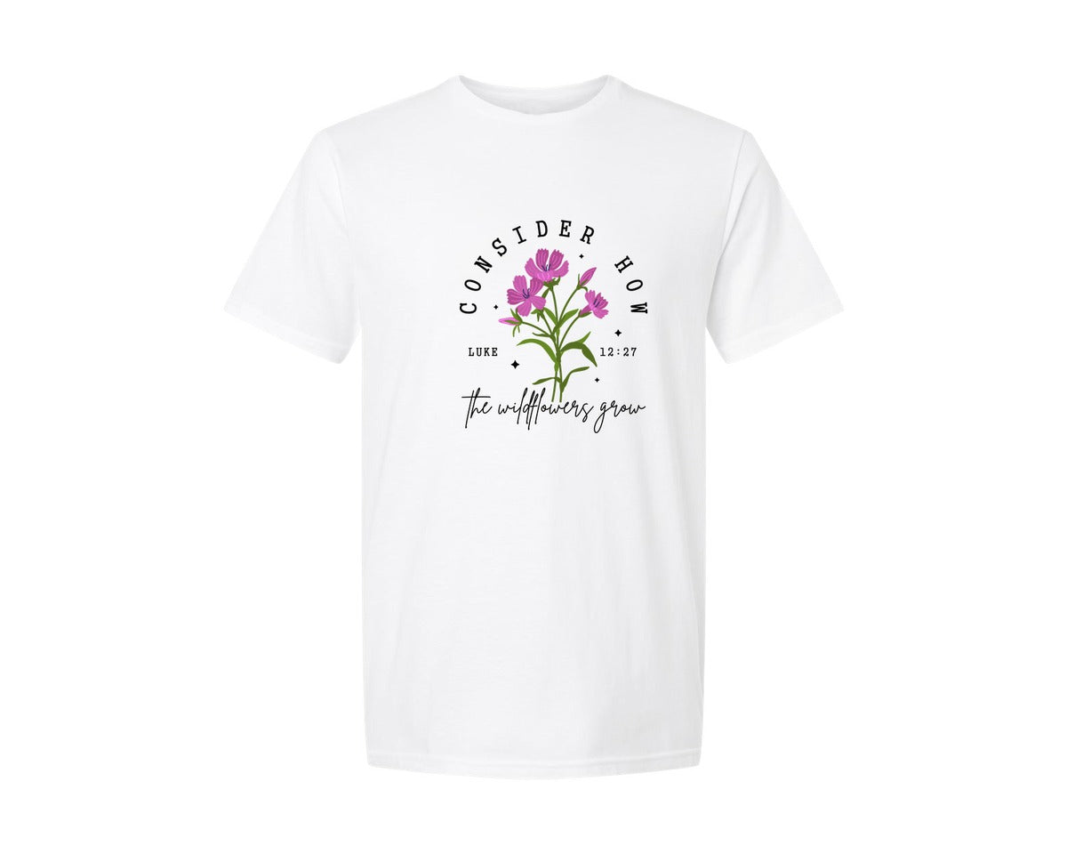 brand:Generic|color:White|Consider How The Wildflowers Grow 7 Graphic T-Shirt