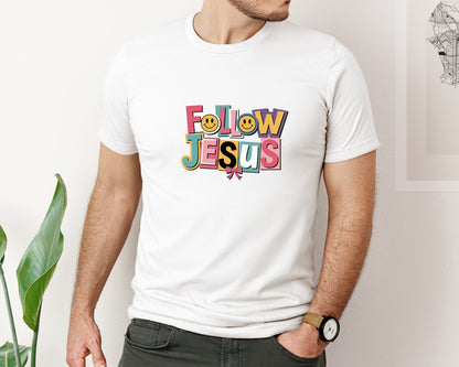 brand:Bella Canvas|color:White|Follow Jesus Coquette Jesus Shirt P Graphic T-Shirt