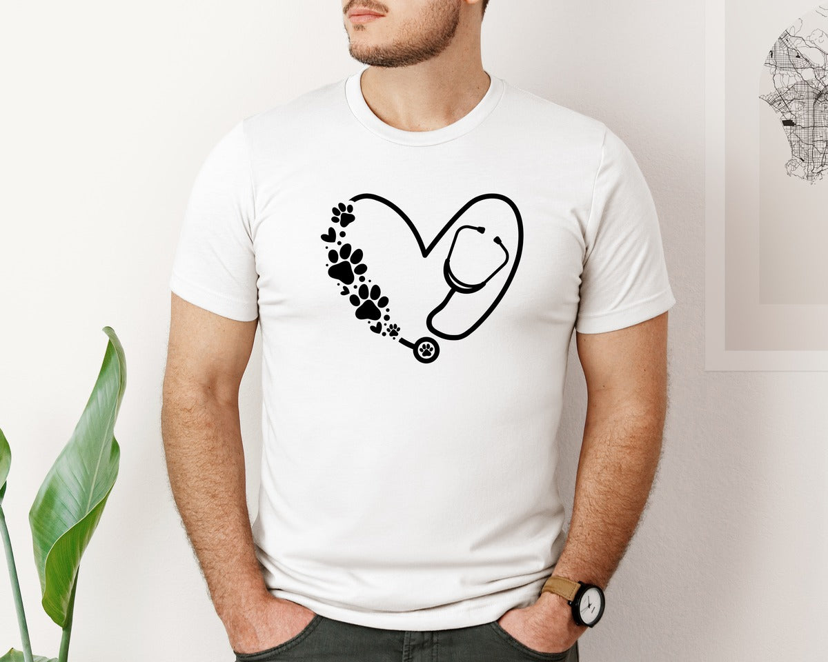 brand:Bella Canvas|color:White|Paw Stethoscope Nurse Heart Graphic T-Shirt
