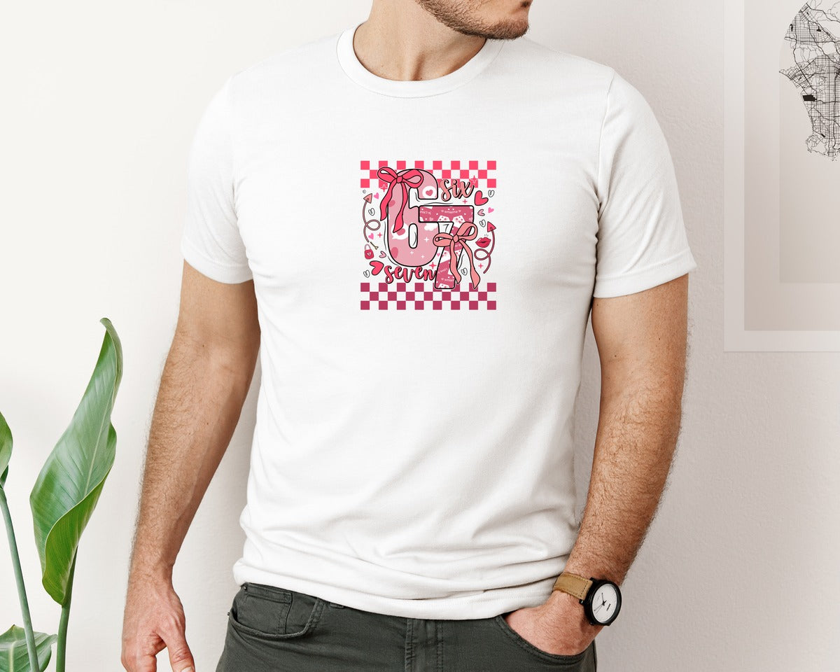 brand:Bella Canvas|color:White|Viral Six Seven Valentine Checkered Graphic T-Shirt