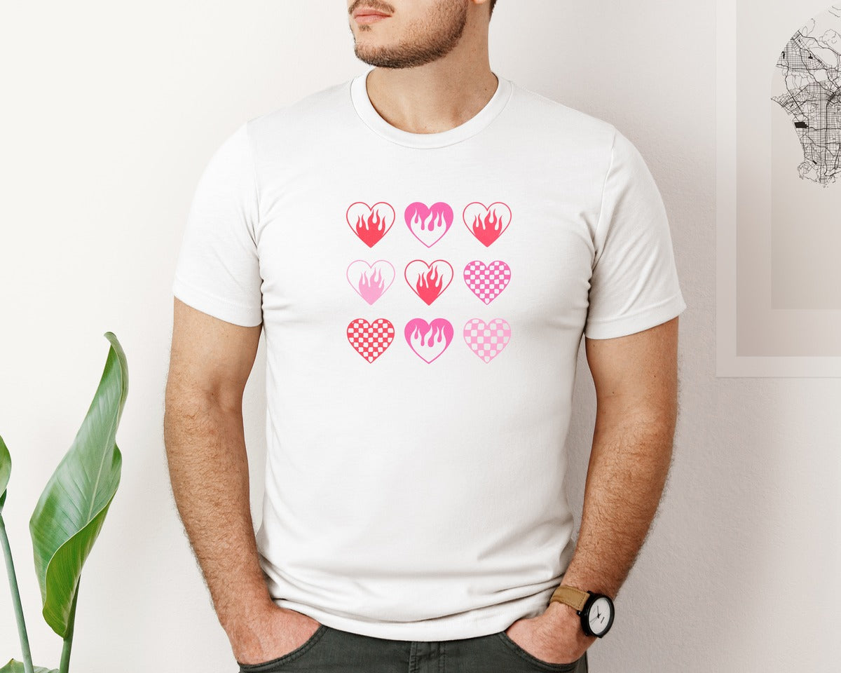 brand:Bella Canvas|color:White|Valentines Day Groovy Pink Hearts Graphic T-Shirt