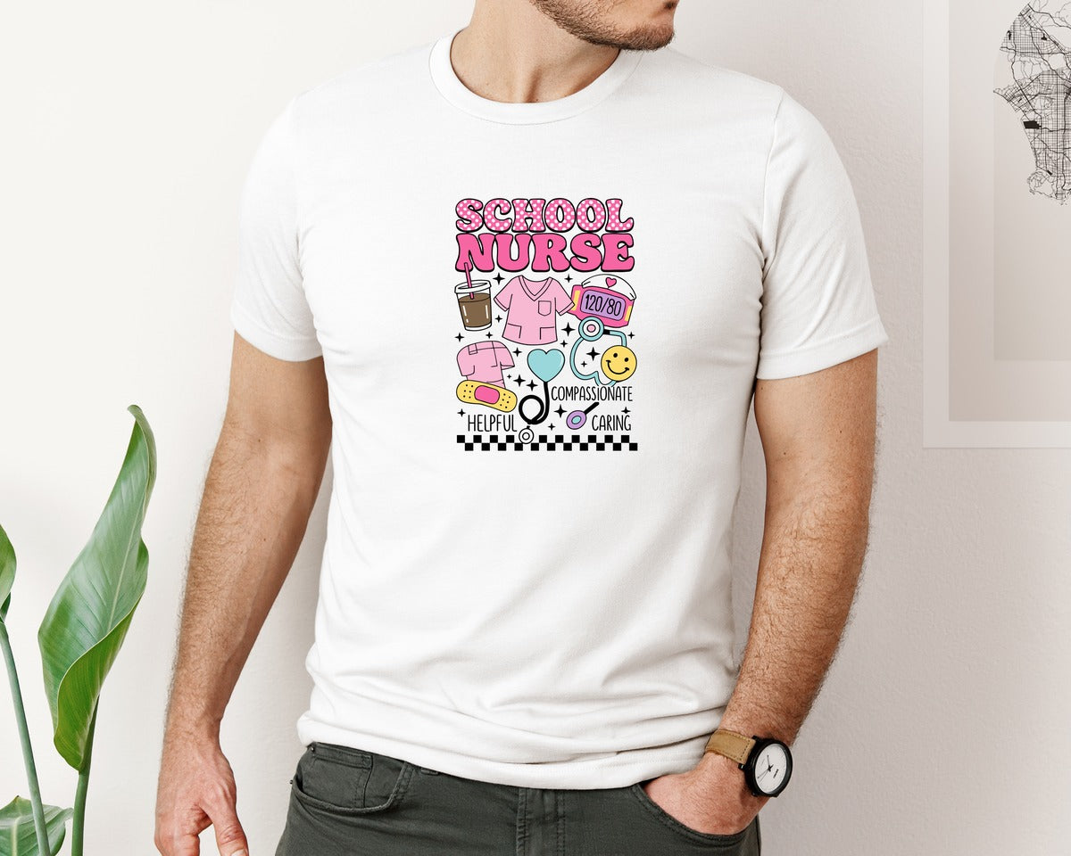 brand:Bella Canvas|color:White|School Nurse 19 Graphic T-Shirt