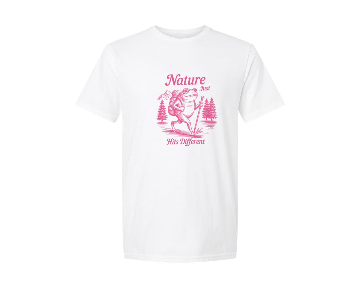 brand:Generic|color:White|Nature Just Hits Different Funny Frog Graphic T-Shirt