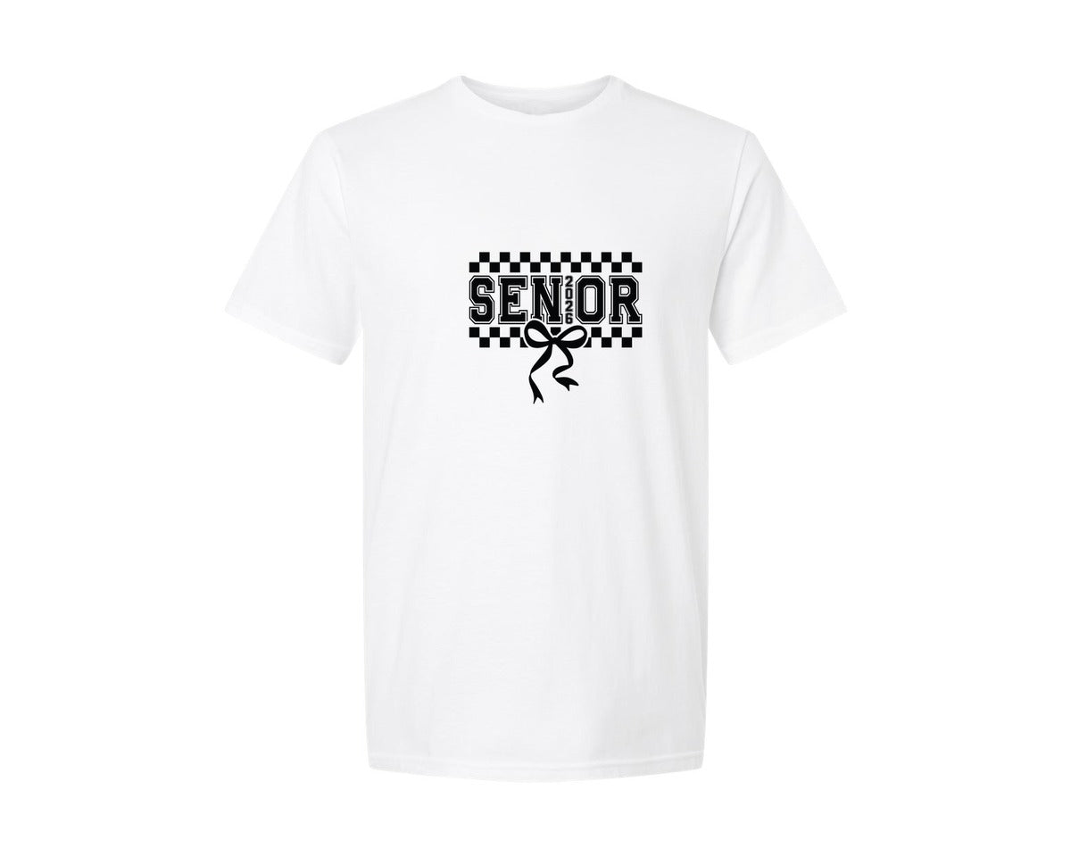 brand:Generic|color:White|Senior 2026 Checker Coquette 2026 Graphic T-Shirt