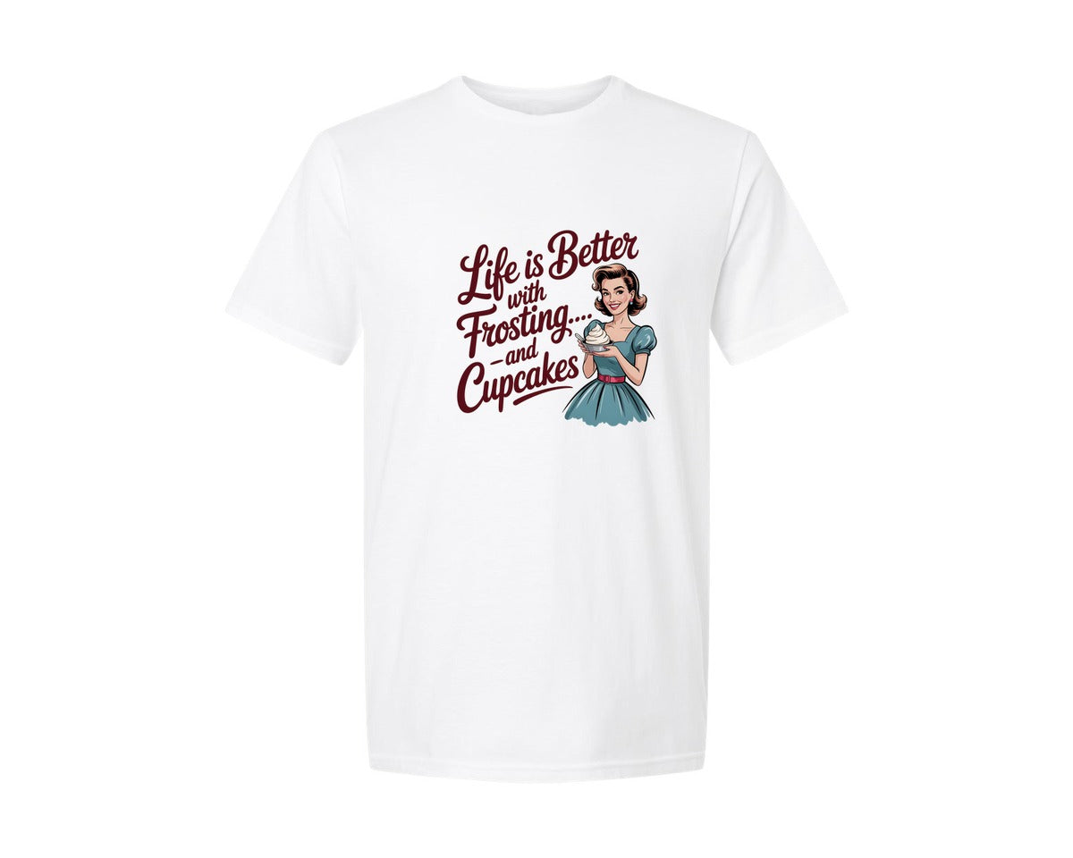 brand:Generic|color:White|Life Is Better With Frosting And Cupcake Graphic T-Shirt