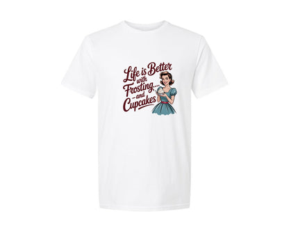 brand:Generic|color:White|Life Is Better With Frosting And Cupcake Graphic T-Shirt