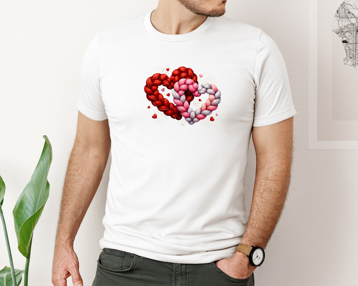 brand:Bella Canvas|color:White|Braided Two Hearts Knit Valentine Graphic T-Shirt