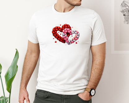 brand:Bella Canvas|color:White|Braided Two Hearts Knit Valentine Graphic T-Shirt
