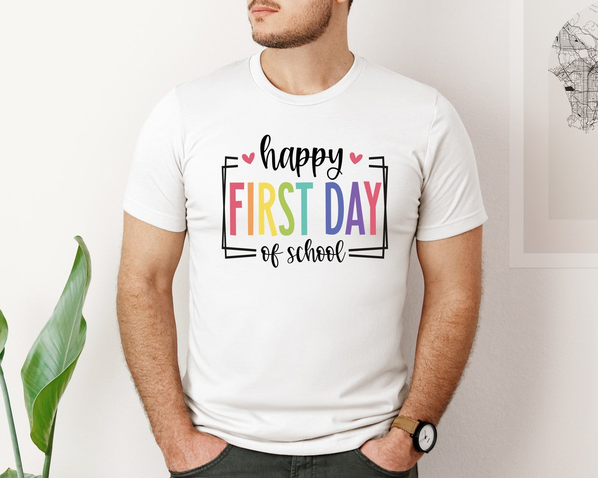 brand:Bella Canvas|color:White|Happy First Day Of School 73 Graphic T-Shirt