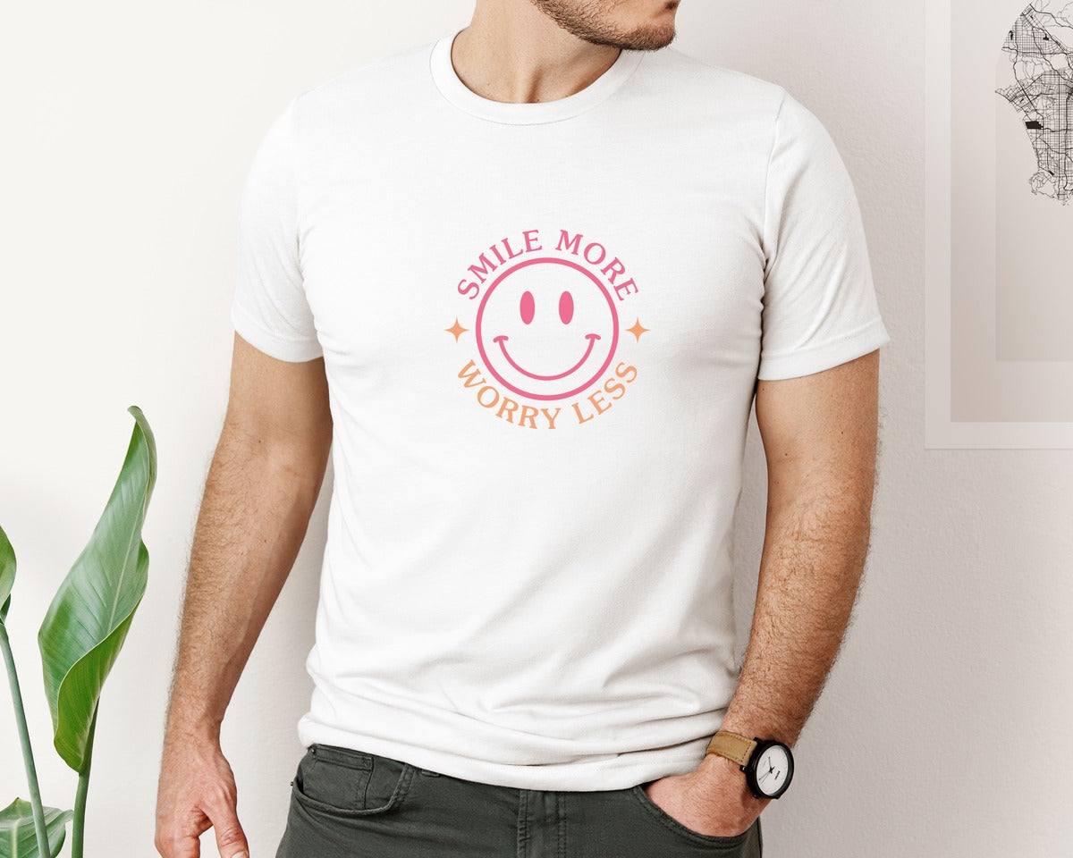 brand:Bella Canvas|color:White|Smile More Worry Less Color Graphic T-Shirt