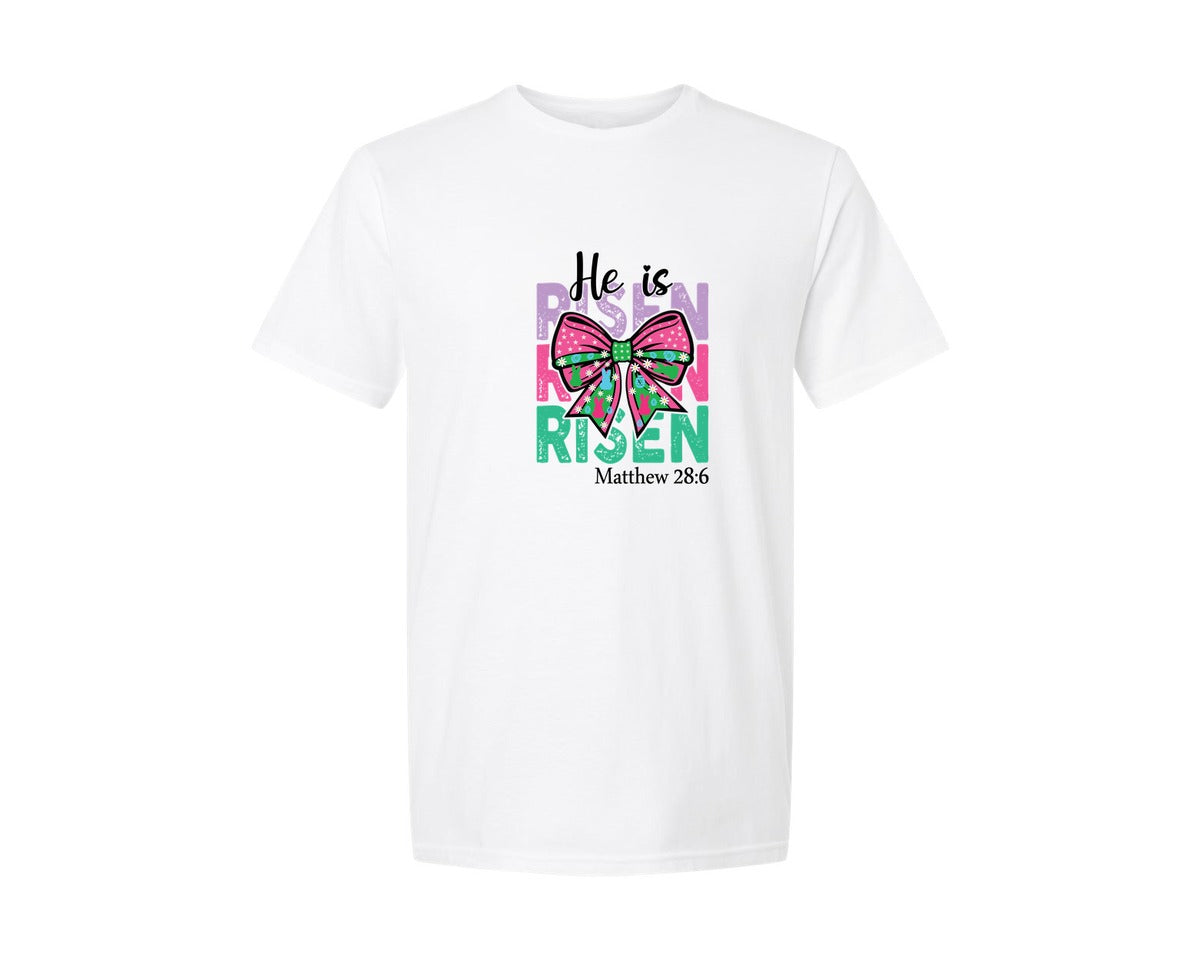 brand:Generic|color:White|He Is Risen Bow Easter Christian Graphic T-Shirt