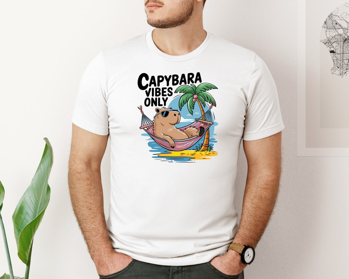 brand:Bella Canvas|color:White|Capybara Vibes Only Summer T Shirt Print Graphic T-Shirt