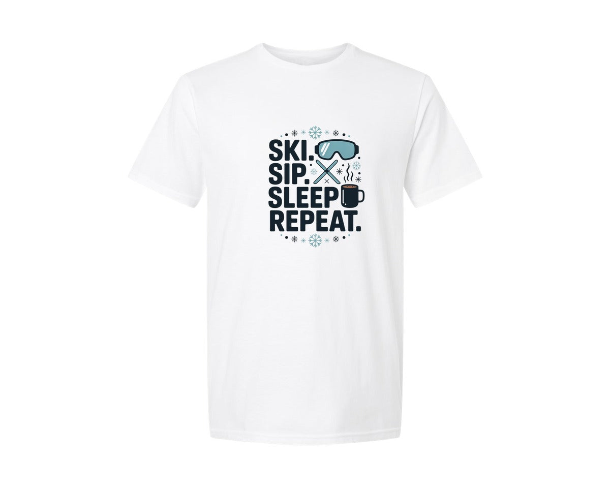 brand:Generic|color:White|Ski Sip Sleep Repeat Graphic T-Shirt