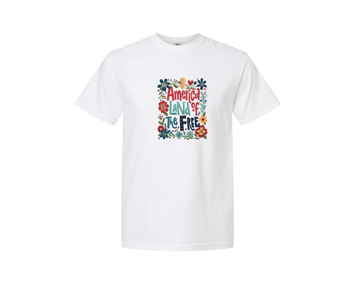 brand:Comfort Colors|color:White|Floral America Land Of The Free 2 Graphic T-Shirt