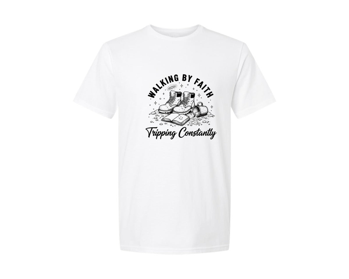 brand:Generic|color:White|Funny Christian Walking By Faith Graphic T-Shirt