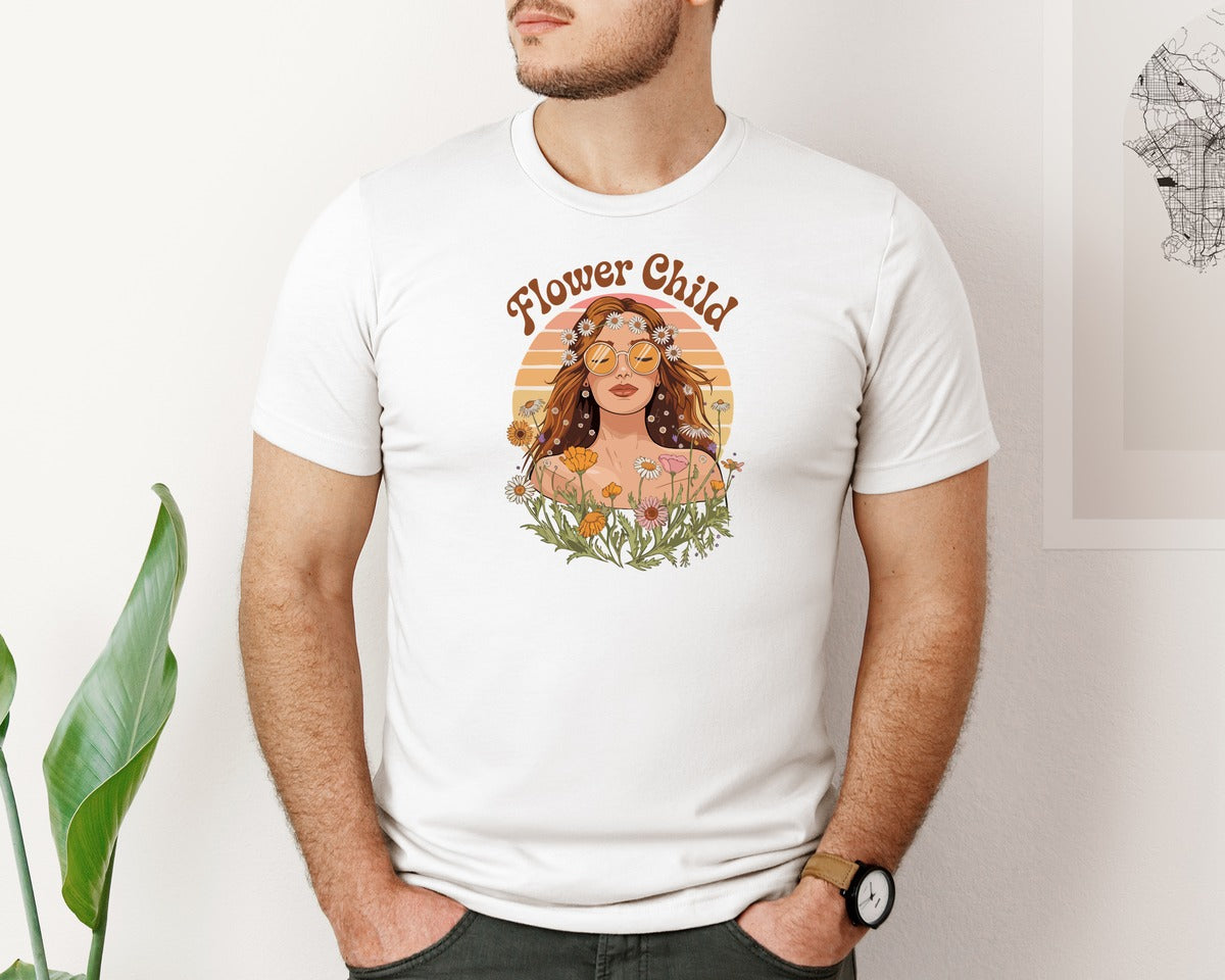 brand:Bella Canvas|color:White|Flower Child Retro Boho Girl Art Graphic T-Shirt