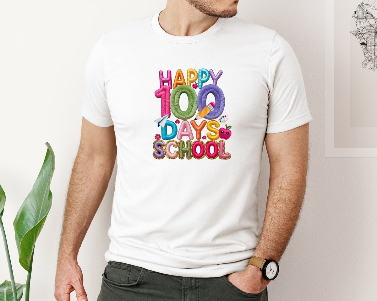 brand:Bella Canvas|color:White|Faux Yarn 100 Days School Teacher Life Graphic T-Shirt