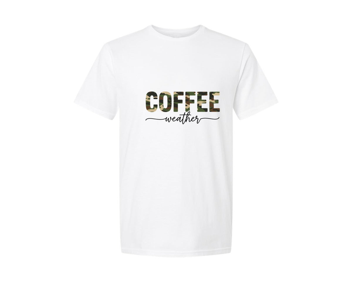 brand:Generic|color:White|Coffee Weather Camo Text Design Graphic T-Shirt