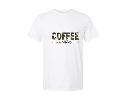 brand:Generic|color:White|Coffee Weather Camo Text Design Graphic T-Shirt