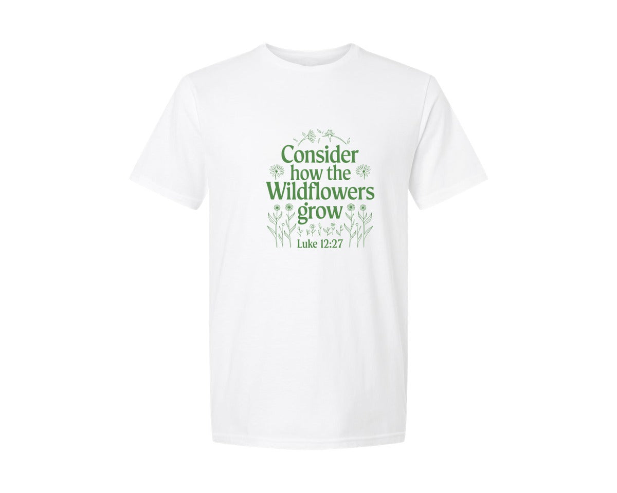 brand:Generic|color:White|Consider How The Wildflowers Grow Luke 1 4 Graphic T-Shirt