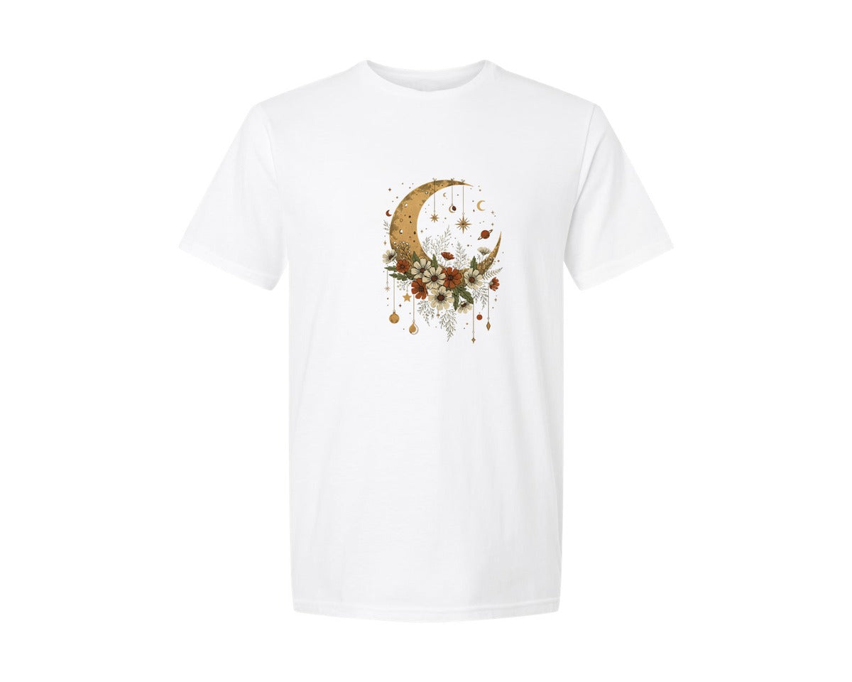 brand:Generic|color:White|Boho Celestial Moon Floral Design Graphic T-Shirt