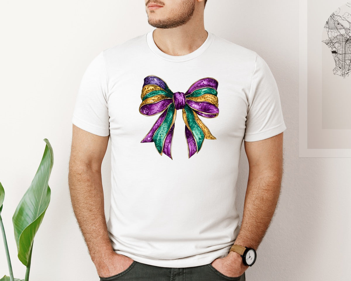 brand:Bella Canvas|color:White|Mardi Gras Glitter Bow Design 2 Graphic T-Shirt
