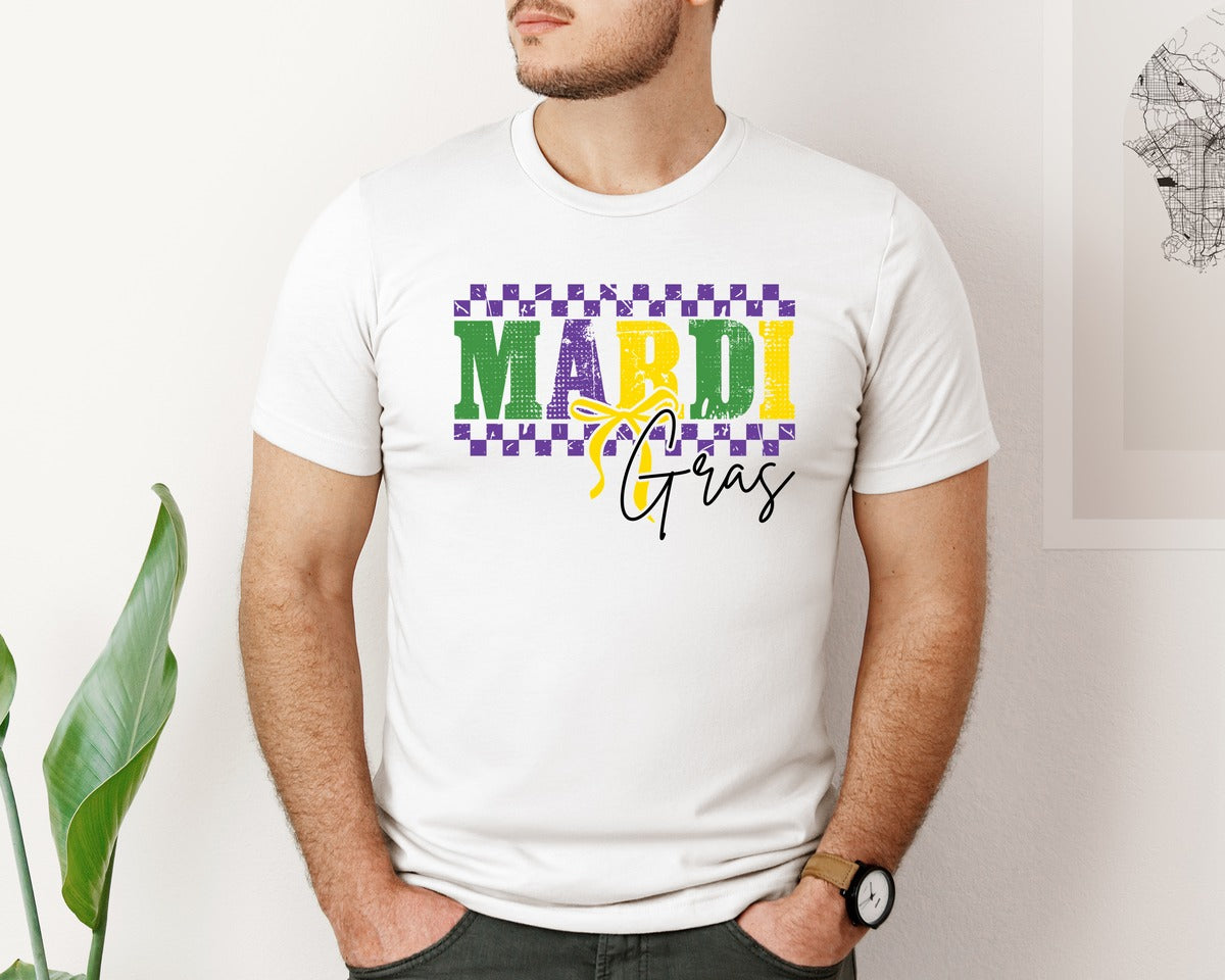 brand:Bella Canvas|color:White|Mardi Gras Shirt Design Coquette Bow Graphic T-Shirt