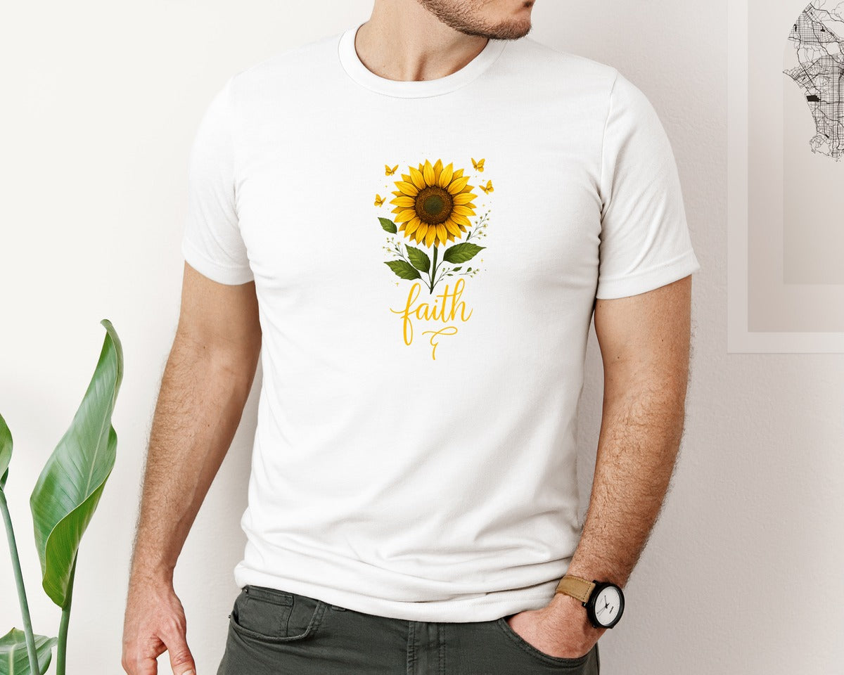 brand:Bella Canvas|color:White|Faith Sunflower Butterfly Christian Graphic T-Shirt