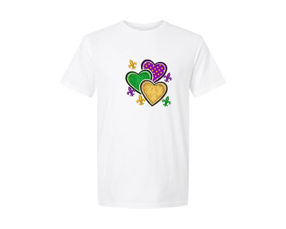 brand:Generic|color:White|Mardi Gras Heart Glitter Fleur De Lis Graphic T-Shirt