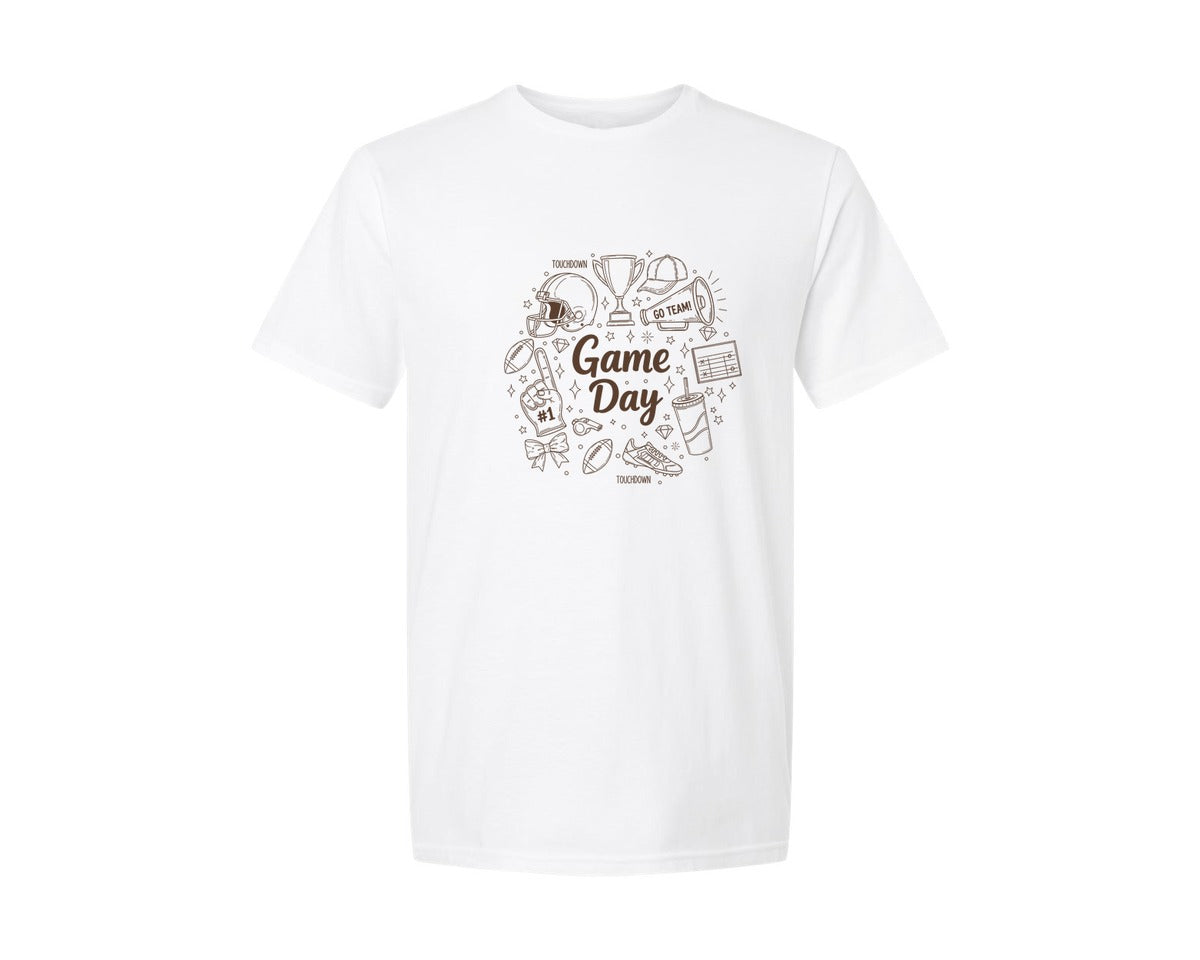 brand:Generic|color:White|Game Day Football Game Day Doodle Graphic T-Shirt