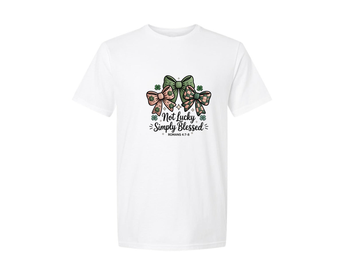 brand:Generic|color:White|Not Lucky Simply Blessed Christian Graphic T-Shirt