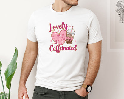 brand:Bella Canvas|color:White|Lovely And Caffeinated Coffee Heart Graphic T-Shirt