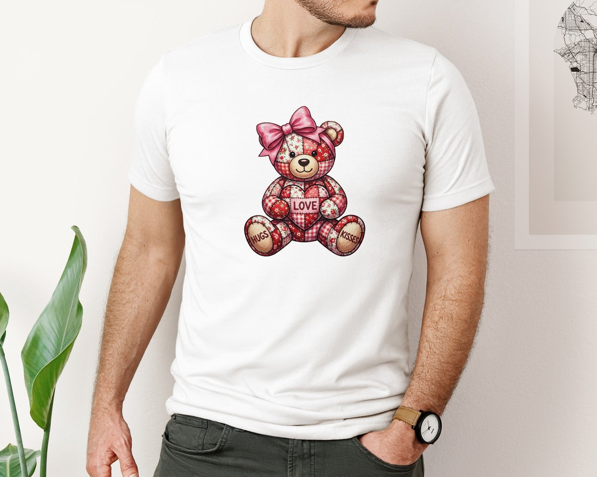 brand:Bella Canvas|color:White|Patchwork Teddy Bear Valentine Hugs 3 Graphic T-Shirt