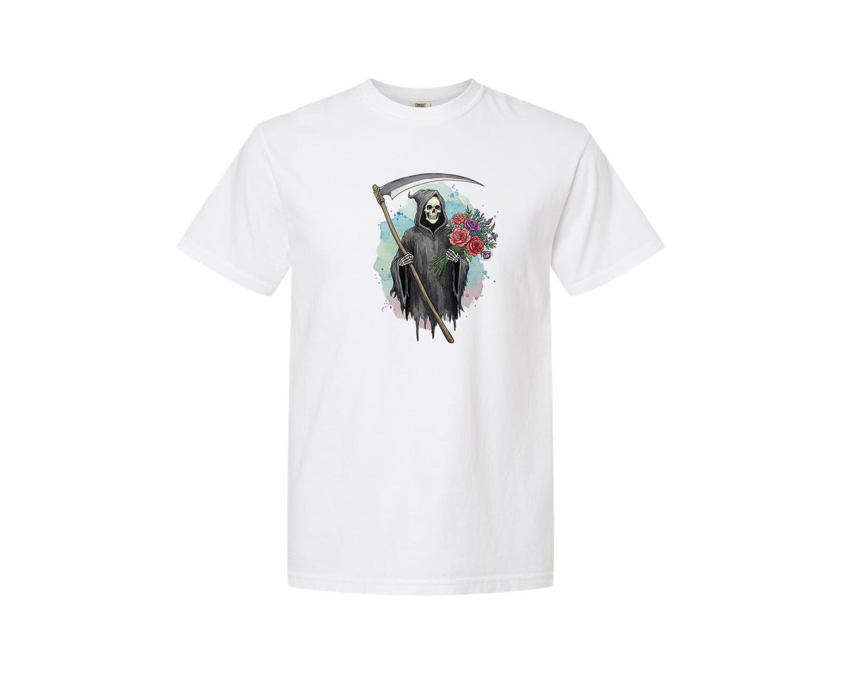 brand:Comfort Colors|color:White|Grim Reaper With Flowers Gothic Graphic T-Shirt
