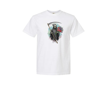 brand:Comfort Colors|color:White|Grim Reaper With Flowers Gothic Graphic T-Shirt