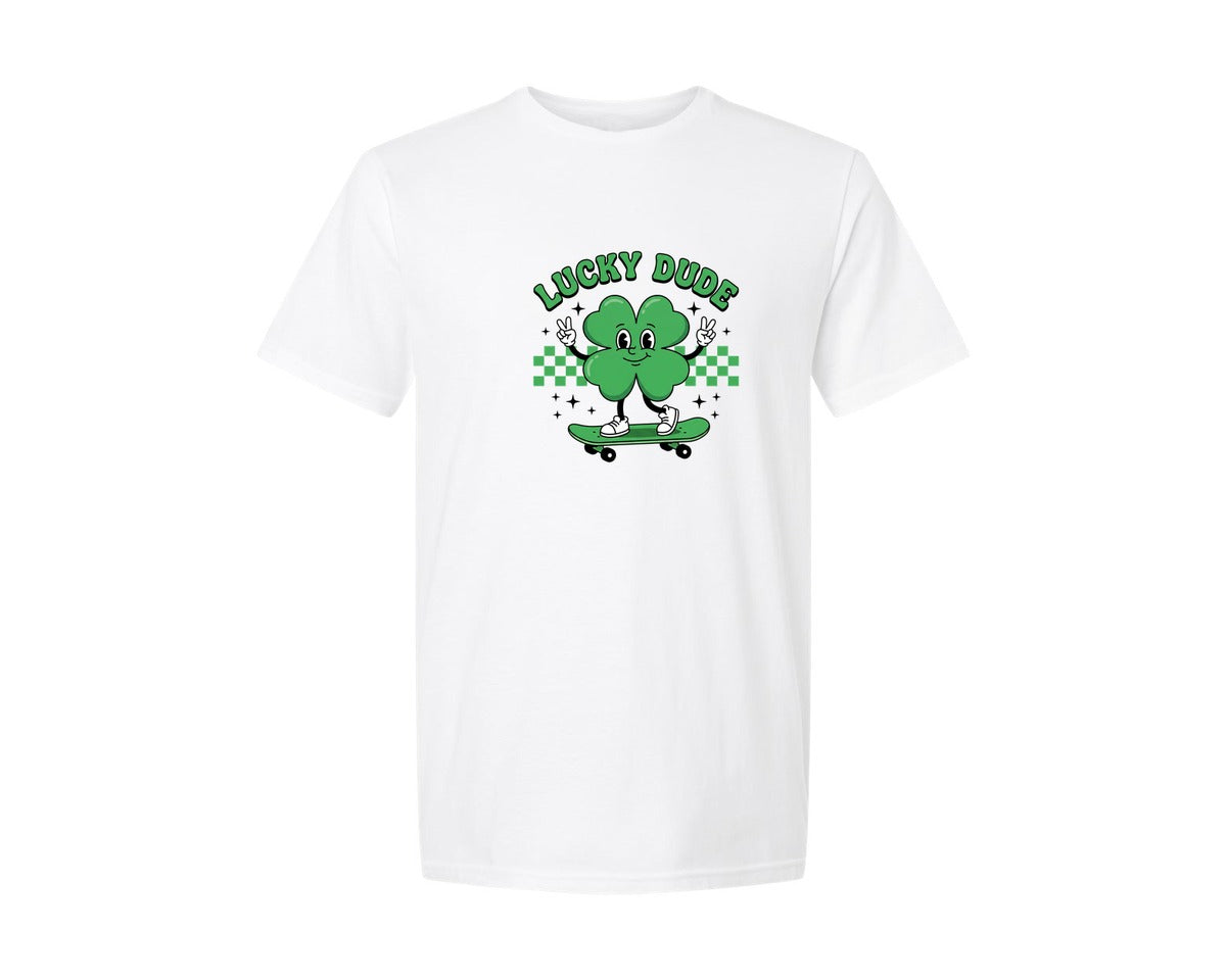 brand:Generic|color:White|Lucky Dude Clover Skateboard Graphic T-Shirt