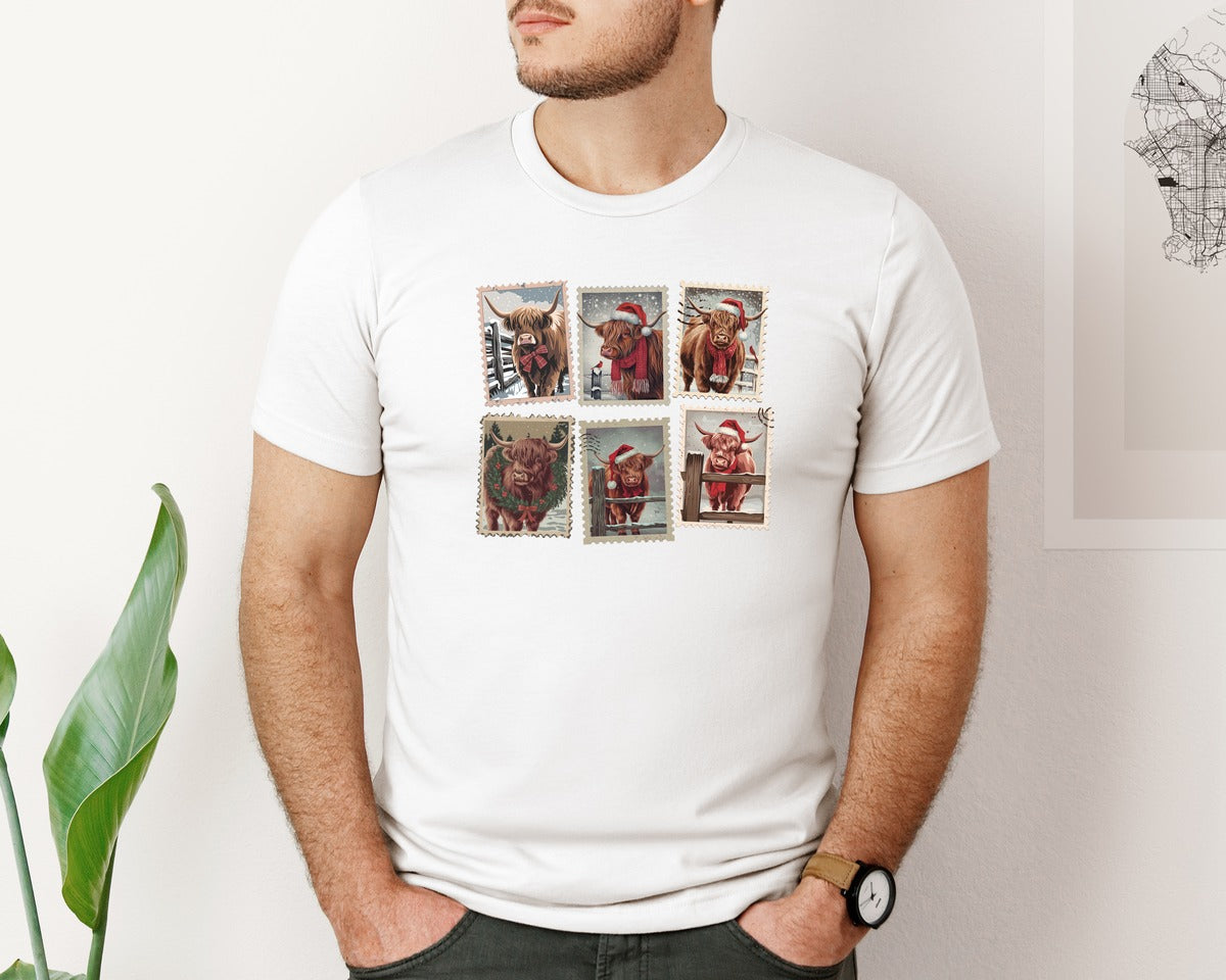 brand:Bella Canvas|color:White|Highland Cow Christmas Stamp Graphic T-Shirt