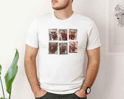 brand:Bella Canvas|color:White|Highland Cow Christmas Stamp Graphic T-Shirt