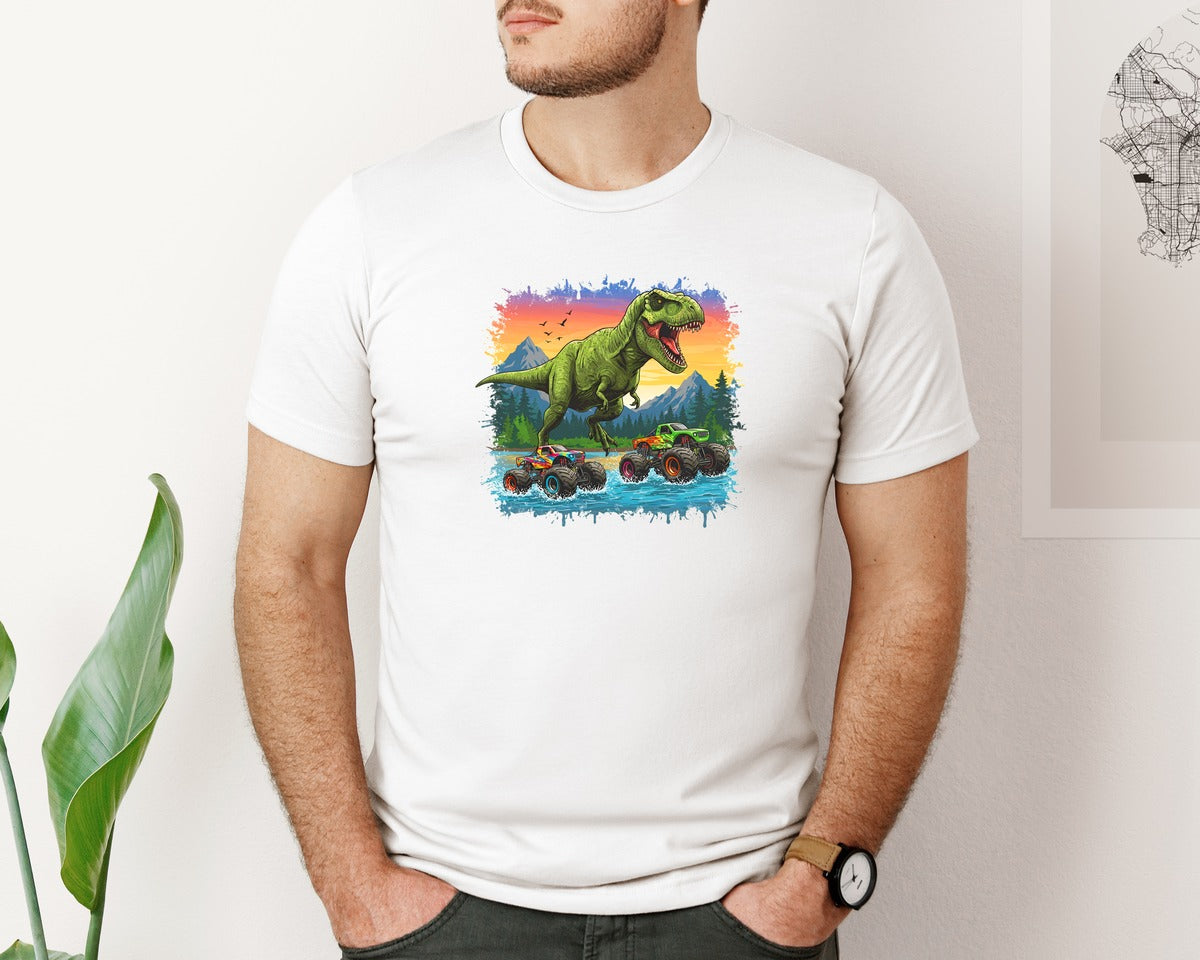 brand:Bella Canvas|color:White|Dinosaur Monster Truck T Rex Graphic T-Shirt